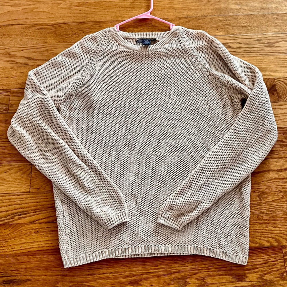Geoffrey Beene Cream Beige 100% Cotton Open Knit Honeycomb Fisherman Sweater L